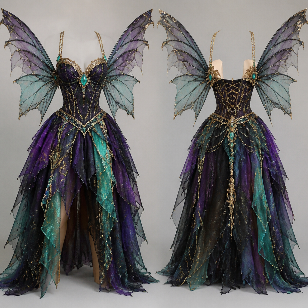 a summery dress for a dark fairy with purple black aqua green and gold with wings
photorealistic fashion design, a summery dress for a dark fairy with purple black aqua green and gold with wings, just the design no text