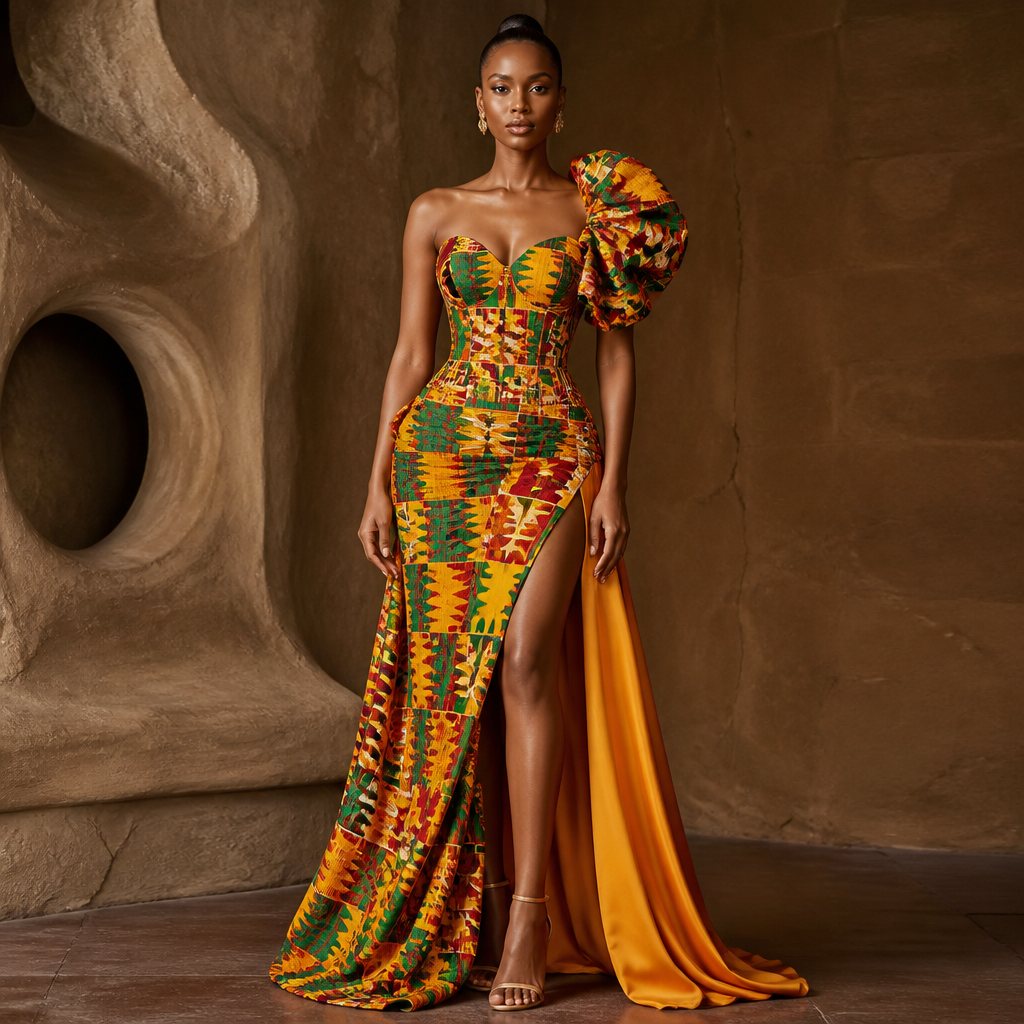 A Female Dress design, suitable for Summer. Consider Ghanaian fashion — kente cloth, African prints, bold patterns, ceremonial grandeur.
photorealistic fashion design, A Female Dress design, suitable for Summer. Consider Ghanaian fashion — kente cloth, African prints, bold patterns, ceremonial grandeur., just the design no text