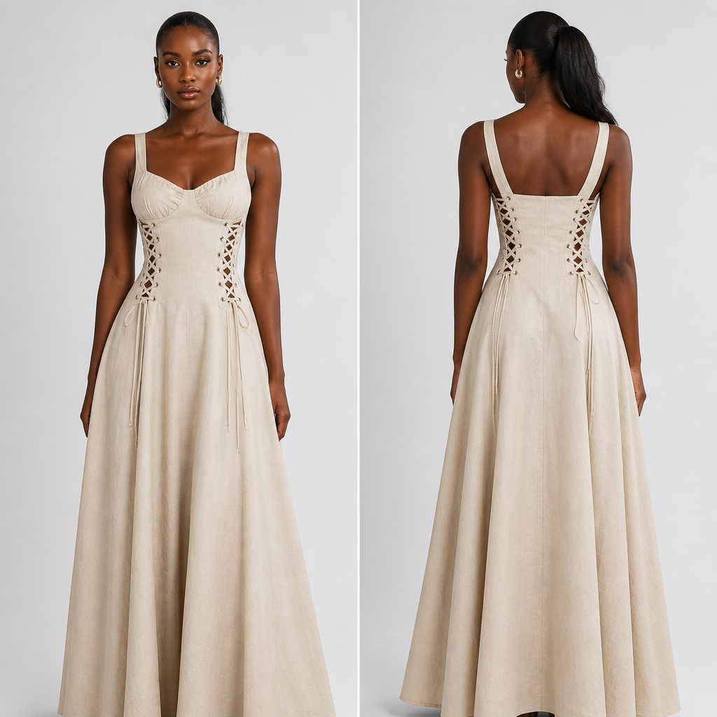 A Female Dress design, suitable for Summer. Double side lace-up corset panels extending from underbust to waist, with 9 evenly spaced eyelets per side, thin fabric cords threaded in a tight crisscross pattern, revealing narrow triangular skin openings between the laces.". Nigeria fashion aesthetics. Design with modest coverage.
photorealistic fashion design, A Female Dress design, suitable for Summer. Double side lace-up corset panels extending from underbust to waist, with 9 evenly spaced eyelets per side, thin fabric cords threaded in a tight crisscross pattern, revealing narrow triangular skin openings between the laces.". Nigeria fashion aesthetics. Design with modest coverage., just the design no text, show front and back
