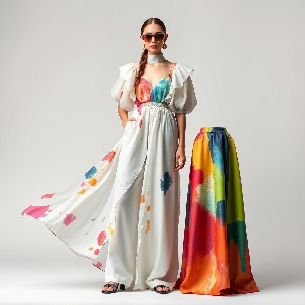 Outer ,dress, long pants ,blouse ,long skirt, top
Design a whimsical, artsy ensemble featuring a flowing maxi dress adorned with abstract painting patterns, layered over wide-leg, high-waisted pants. Incorporate a sheer, billowy blouse with oversized, ruffled sleeves and a hand-painted long skirt with vibrant colors that blend seamlessly. Accentuate the outfit with bold, sculptural accessories for a statement look.