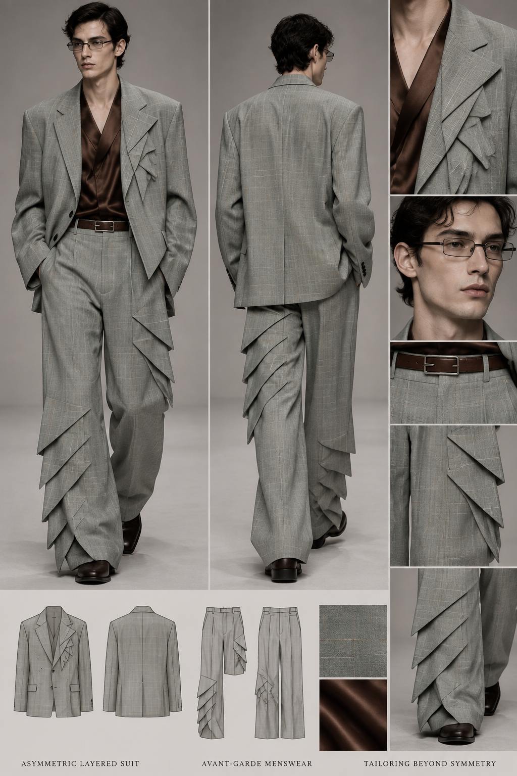 Men's Oversized Suit Design – Asymmetric Layered Concept
Design a men's oversized tailored jacket in a light, muted gray with subtle greenish undertones. The fabric features a very delicate, faint, almost ghosted plaid (windowpane/check) pattern that blends softly into the base color.
Jacket lapels/collar – asymmetric:
· One side: a classic English (notch) lapel.
· Other side: an inverted, multi-layered, stepped triangular collar cascading downward — sharp triangular points facing downward, arranged in overlapping tiered layers like inverted steps.
Eyewear:
Rectangular glasses with thin, narrow lenses and a slim, delicate frame.
Under the jacket:
A glossy, shimmering silk garment with a triangular (V-shaped) neckline, in a rich brown color.
Belt:
Brown belt with a buckle designed to visually echo/match the eyeglasses — rectangular, slim, minimal.
Trousers – matching the jacket fabric (same light greenish-gray with faint plaid), asymmetric design:
· One leg: Plain and simple from waist to the knee; from the knee down, it transforms into an inverted, layered, stepped triangular design — mirroring the asymmetric lapel of the jacket (inverted English-collar-like tiers with downward-facing triangular points).
· Other leg: The same inverted layered triangular design, but positioned from the waist/top down to the knee; from the knee down, it becomes plain and simple.
Overall vibe: Avant-garde, architectural, high-fashion menswear. Clean silhouette with dramatic asymmetric detailing. Soft muted palette (light greenish-gray + rich brown accents). Elegant, futuristic-tailoring aesthetic.
Style keywords: avant-garde menswear, oversized tailoring, asymmetric lapel, inverted layered triangles, subtle plaid, muted sage-gray, glossy silk, architectural fashion, editorial runway.
Men's Oversized Suit Design – Asymmetric Layered Concept
Design a men's oversized tailored jacket in a light, muted gray with subtle greenish undertones. The fabric features a very delicate, faint, almost ghosted plaid (windowpane/check) pattern that blends softly into the base color.
Jacket lapels/collar – asymmetric:
· One side: a classic English (notch) lapel.
· Other side: an inverted, multi-layered, stepped triangular collar cascading downward — sharp triangular points facing downward, arranged in overlapping tiered layers like inverted steps.
Eyewear:
Rectangular glasses with thin, narrow lenses and a slim, delicate frame.
Under the jacket:
A glossy, shimmering silk garment with a triangular (V-shaped) neckline, in a rich brown color.
Belt:
Brown belt with a buckle designed to visually echo/match the eyeglasses — rectangular, slim, minimal.
Trousers – matching the jacket fabric (same light greenish-gray with faint plaid), asymmetric design:
· One leg: Plain and simple from waist to the knee; from the knee down, it transforms into an inverted, layered, stepped triangular design — mirroring the asymmetric lapel of the jacket (inverted English-collar-like tiers with downward-facing triangular points).
· Other leg: The same inverted layered triangular design, but positioned from the waist/top down to the knee; from the knee down, it becomes plain and simple.
Overall vibe: Avant-garde, architectural, high-fashion menswear. Clean silhouette with dramatic asymmetric detailing. Soft muted palette (light greenish-gray + rich brown accents). Elegant, futuristic-tailoring aesthetic.
Style keywords: avant-garde menswear, oversized tailoring, asymmetric lapel, inverted layered triangles, subtle plaid, muted sage-gray, glossy silk, architectural fashion, editorial runway.