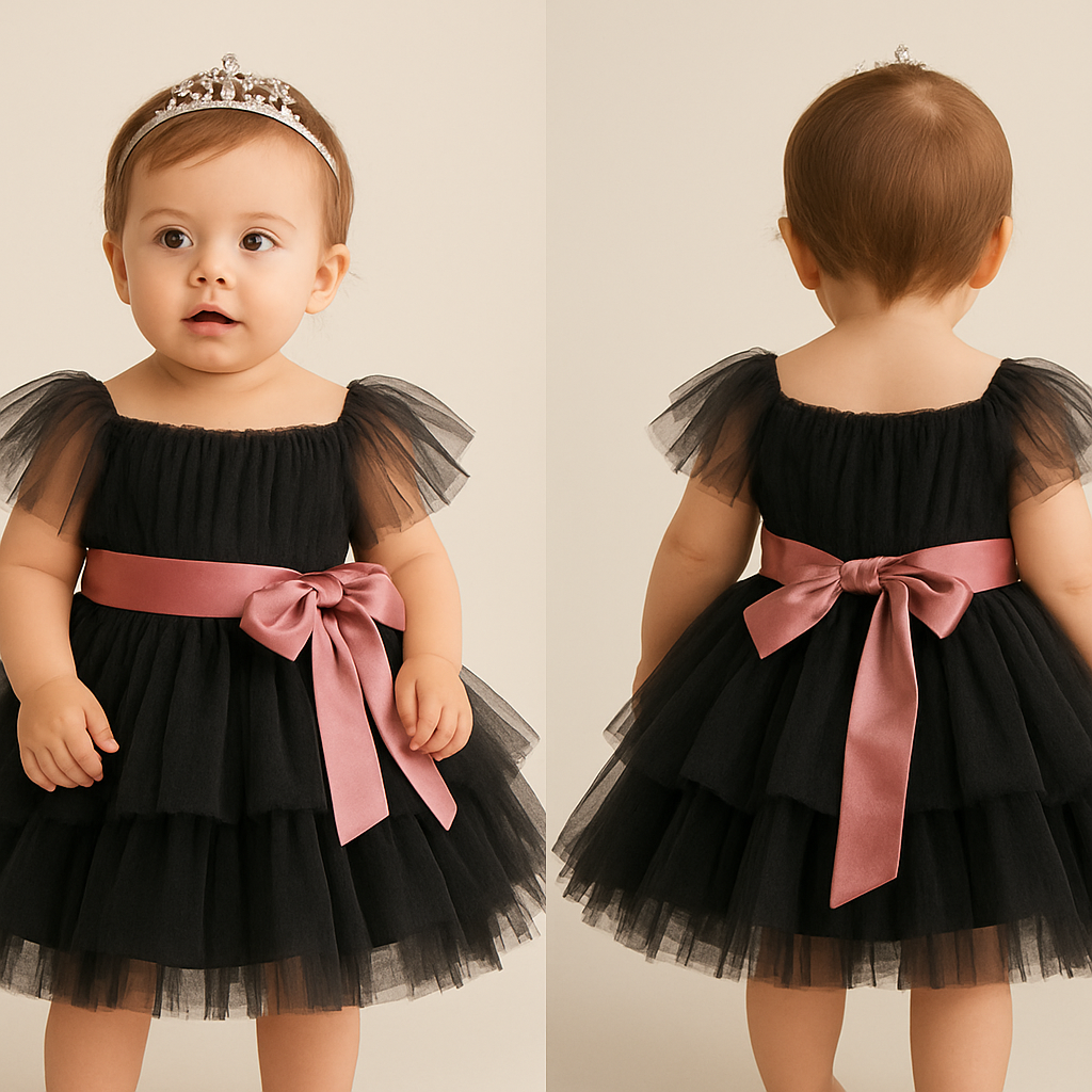 1歳の女の子のベビードレス着用画
黒のチュールドレス、膝丈のラッフルスカート(ボリューミー)
上半身は、細かいギャザーを寄せたチュールのボディス
胸元から肩にかけてふんわりとかかるオフショルダー風のチュールを重ねたデザイン
肩まわりは、柔らかいチュールを何枚か重ねて、肩にふんわりとかかる“オフショルダー風”のデザイン
チュールは腕を覆いすぎず、胸元の中心に軽くねじって寄せたような立体感が出る仕上げ肩から肘上までリボンのような形のチュールを被ってるような感じ、
胸下の切り返しにローズピンクのサテン生地の太めのリボンを一周巻いて、真ん中ではなく、左前あたりで大きくリボン縛り
後ろにリボン縛りはなし
頭には派手すぎないシルバーのティアラ
1歳の女の子のベビードレス着用画
黒のチュールドレス、膝丈のラッフルスカート(ボリューミー)
上半身は、細かいギャザーを寄せたチュールのボディス
胸元から肩にかけてふんわりとかかるオフショルダー風のチュールを重ねたデザイン
肩まわりは、柔らかいチュールを何枚か重ねて、肩にふんわりとかかる“オフショルダー風”のデザイン
チュールは腕を覆いすぎず、胸元の中心に軽くねじって寄せたような立体感が出る仕上げ肩から肘上までリボンのような形のチュールを被ってるような感じ、
胸下の切り返しにローズピンクのサテン生地の太めのリボンを一周巻いて、真ん中ではなく、左前あたりで大きくリボン縛り
後ろにリボン縛りはなし
頭には派手すぎないシルバーのティアラ, show front and back