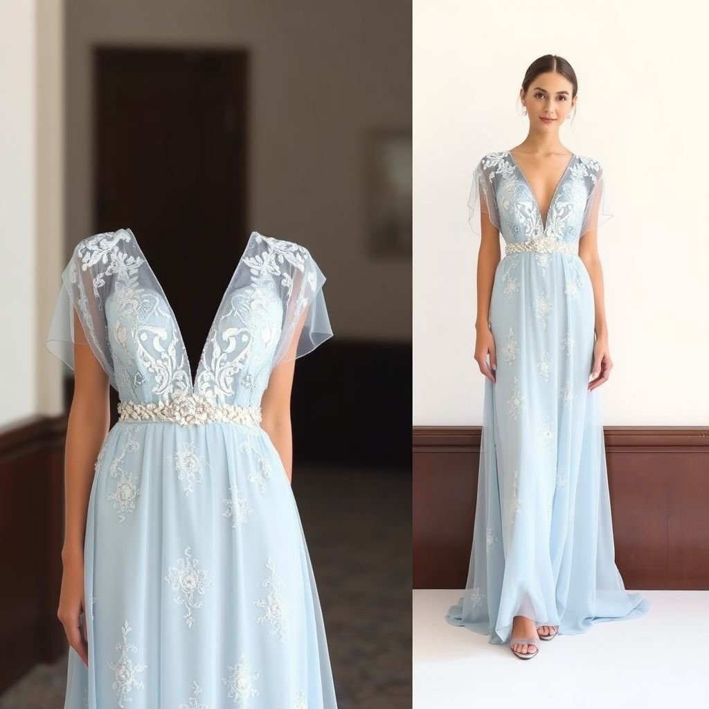 Sky blue pre wedding outfit
Design an ethereal sky blue pre-wedding outfit, featuring a flowing chiffon gown adorned with delicate lace appliqués and shimmering sequins. The gown should have a deep V-neckline and cap sleeves, paired with a stunning crystal-embellished belt. Complete the look with a matching sheer bolero and elegant, silver strappy heels.