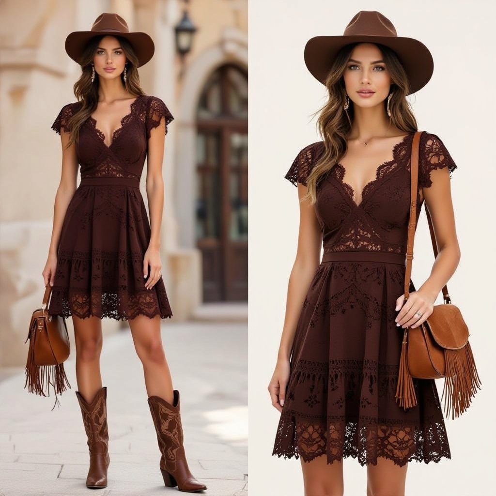 I want a dark brown feminine style, all in fine lace and decorated with mocha-colored accessories. A cowboy style, with a hat, boots, and everything else needed.
Dark brown fine lace dress, A-line, with a scalloped hem and delicate cap sleeves. Accessorized with mocha-colored cowboy boots, wide-brimmed hat, and a fringed suede shoulder bag.