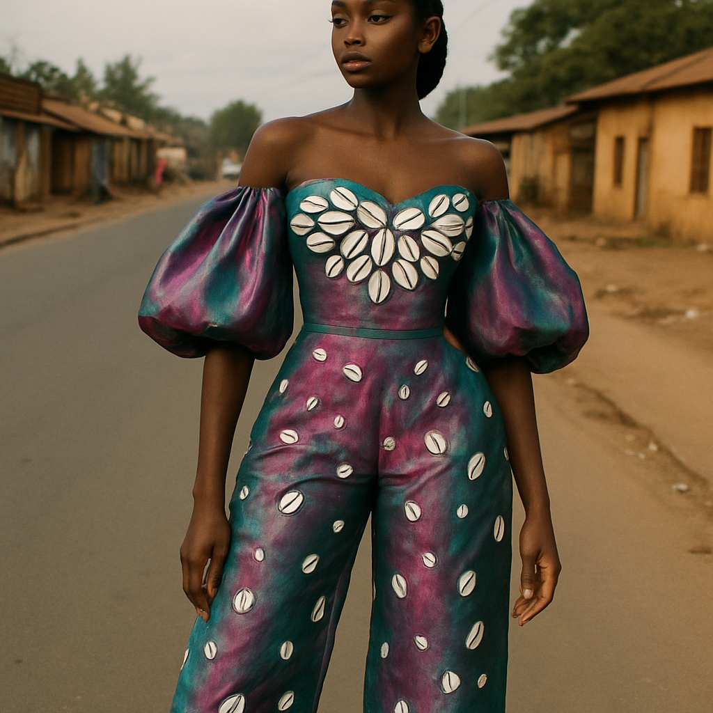 Create one of a kind top and pant that looks like a cowrie made from taffeta fabric with iridescent touches and design with a colorful two tone chiffon with designs of small and large real white cowries for high end fashionista that will give it a sophisticated and gorgeous look on a real human dark skin modeling it on the roadside of a street in Africa.
Create one of a kind top and pant that looks like a cowrie made from taffeta fabric with iridescent touches and design with a colorful two tone chiffon with designs of small and large real white cowries for high end fashionista that will give it a sophisticated and gorgeous look on a real human dark skin modeling it on the roadside of a street in Africa., country style