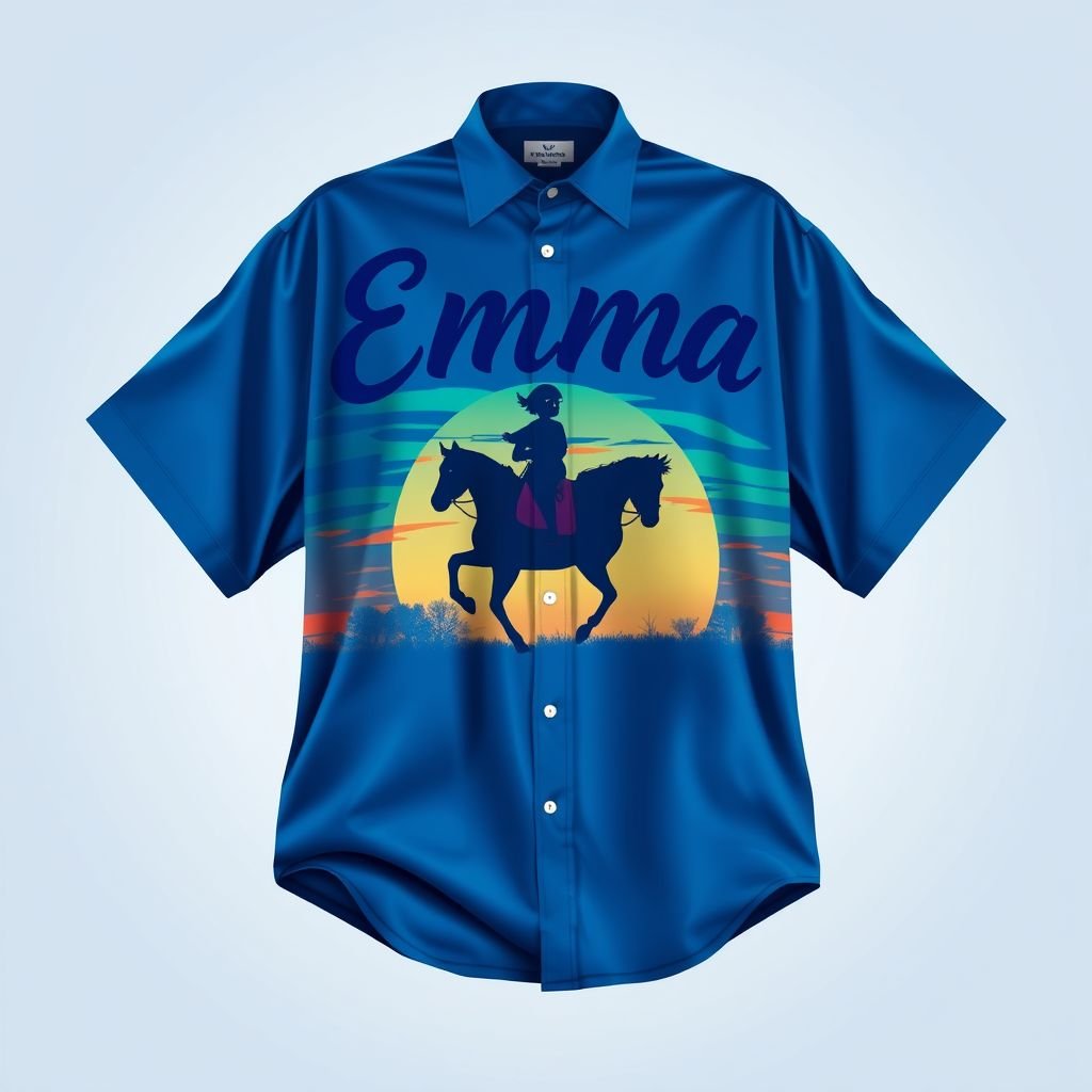Blue shirt with the words Emma on them with girl rearing on horse and teal green and and blue background sunset
Design a vibrant, oversized blue shirt featuring bold, artistic lettering spelling "Emma." The shirt showcases a captivating illustration of a girl horseback riding, her silhouette boldly outlined against a stunning teal green and blue sunset backdrop. Infuse the fabric with subtle gradients that mimic the shifting hues of dusk, elevating the piece into a dreamlike fashion statement.