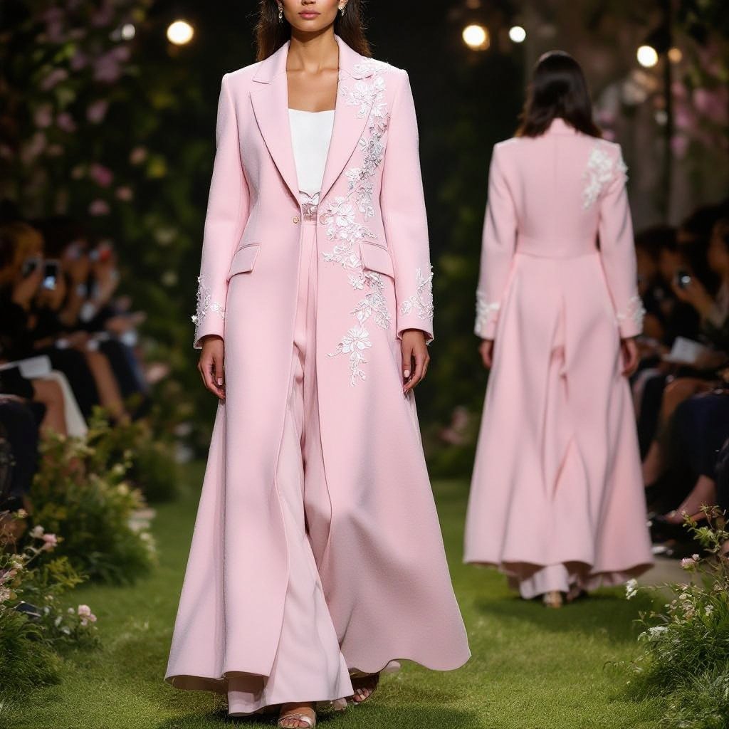 Long Abaya Blazer Design – Formal & Elegant • Outer Fabric: Worsted Wool (Super Wool) in a baby pink shade (very soft light pink). • Offers a subtle refined sheen with a straight, elegant structure that enhances the blazer style. • Inner Lining: Bemberg Rayon in light beige or pastel pink for added comfort and smoothness. • Key Details: • A-Line cut flowing gracefully from shoulder to floor. • Slim feminine blazer lapel with clean, neat finishing. • Hidden inner closure to keep the focus on the outer design and embroidery. • Back design: Kept plain and minimal, with a small slit at the center back hem, emphasizing the blazer character while allowing ease of movement. • Embroidery: • Crafted in delicate off-white raised stitching. • Placement: Starting from the right shoulder, flowing down along the side of the chest, extending seamlessly to mid-waist. • Pattern: Elegant floral and leaf motifs in raised embroidery, adding a refined feminine touch without overwhelming the formal character. • Subtle accents in very light golden threads can be added for a luminous effect under lighting. ⸻ ✨ Result: A baby pink abaya blazer with refined off-white side embroidery, plain back with a subtle slit, designed to blend formality, luxury, and feminine softness — perfect for occasions and business gatherings. Haute Couture fashion: Baby pink wool abaya blazer, A-line, with a slim lapel. Hidden front closure. Off-white raised floral embroidery from shoulder to mid-waist, with subtle gold accents. Plain back with a small hem slit.
Haute Couture fashion: Baby pink wool abaya blazer, A-line cut, with a slim lapel. Hidden front closure. Delicate off-white raised floral embroidery with subtle gold accents flows from the right shoulder to mid-waist. Plain back with a small center hem slit.