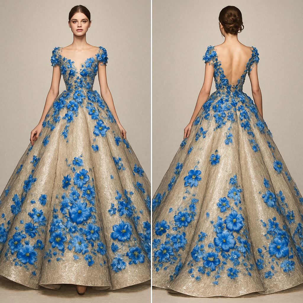 A big ball gown, shiny with blue flowers

A big ball gown, shiny with blue flowers, show front and back