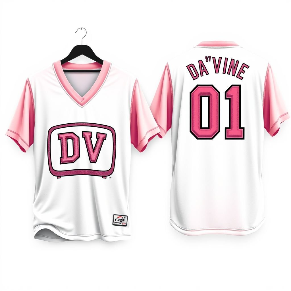 A street life, graphic V neck Jersey with the number 01 on the back that says “Da’Vine” & DV on the front with the DV being on a blank TV. I want the colors to be light pink and white. I want all the designs embroidered on the jersey. Show the front and back design
Design a bold streetwear-inspired graphic V-neck jersey featuring a relaxed fit, embodying urban flair. The front showcases "DV" intricately embroidered on a blank TV graphic, while the back flaunts the number "01" with “Da’Vine” artistically stitched above. Emphasize light pink and white tones for a fresh, trendy vibe. Highlight street culture elements in the embroidery details. Display both front and back designs dramatically.