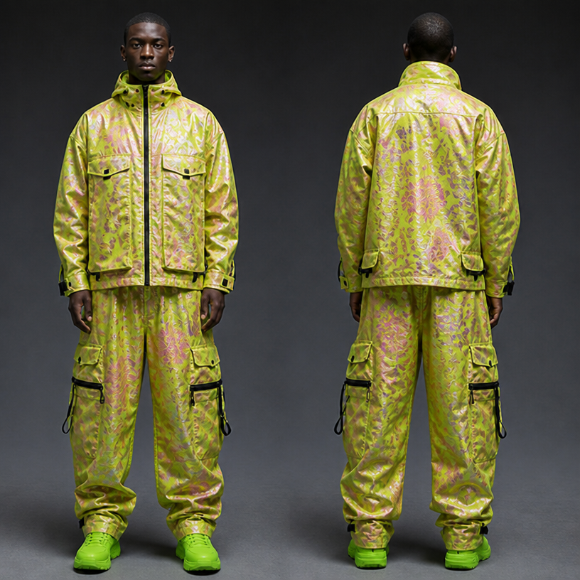 Make it in a brocade in neon colors
edit the attached fashion design with these instructions: Make it in a brocade in neon colors. keep it photorealistic, just the design no text