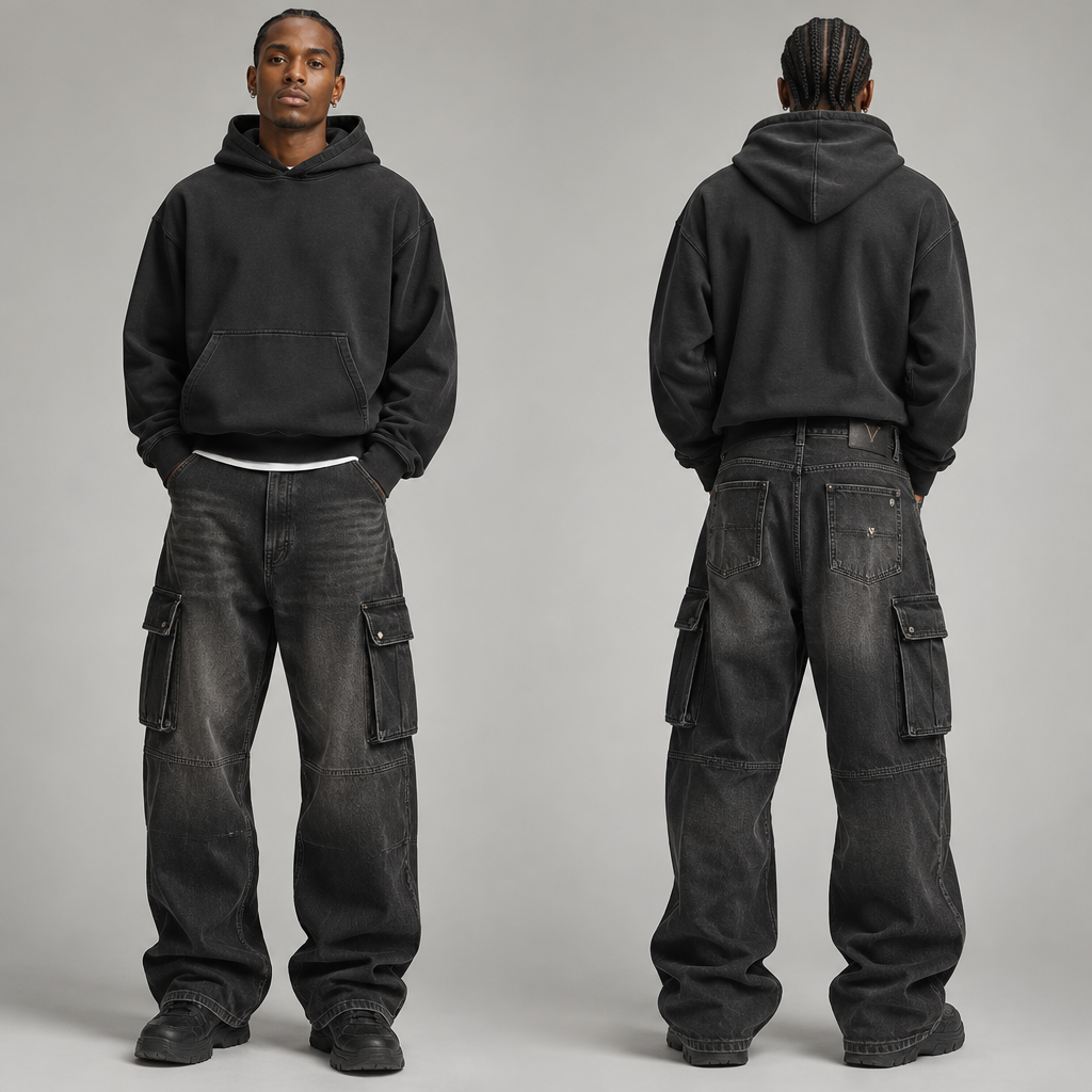 A Male Pants design, made of Denim, with a crisp, structured drape, for Streetwear, in Streetwear style. Create a premium unisex VANTA streetwear denim jean with a relaxed oversized baggy fit and slightly stacked legs. Use heavyweight dark charcoal-black denim with subtle washed and faded areas for a worn-in luxury look. Add detailed stitching, reinforced seams, premium metal hardware, and subtle VANTA branding. Place a small VANTA logo on the back waistband and a minimal metallic VANTA detail on one pocket. Include large functional cargo-style pockets without making the design look too busy. The silhouette should feel modern, urban, exclusive, and high-end, inspired by luxury streetwear but with an original VANTA identity. Clean studio presentation, realistic fabric texture, realistic stitching, professional fashion product design.. South Africa fashion aesthetics. Present it as professional fashion catalogue photography: the garment is the subject, shown full-length with editorial styling, neutral posing and tasteful, non-suggestive framing.
photorealistic fashion design, A Male Pants design, made of Denim, with a crisp, structured drape, for Streetwear, in Streetwear style. Create a premium unisex VANTA streetwear denim jean with a relaxed oversized baggy fit and slightly stacked legs. Use heavyweight dark charcoal-black denim with subtle washed and faded areas for a worn-in luxury look. Add detailed stitching, reinforced seams, premium metal hardware, and subtle VANTA branding. Place a small VANTA logo on the back waistband and a minimal metallic VANTA detail on one pocket. Include large functional cargo-style pockets without making the design look too busy. The silhouette should feel modern, urban, exclusive, and high-end, inspired by luxury streetwear but with an original VANTA identity. Clean studio presentation, realistic fabric texture, realistic stitching, professional fashion product design.. South Africa fashion aesthetics. Present it as professional fashion catalogue photography: the garment is the subject, shown full-length with editorial styling, neutral posing and tasteful, non-suggestive framing., streetwear style, just the design no text, show front and back