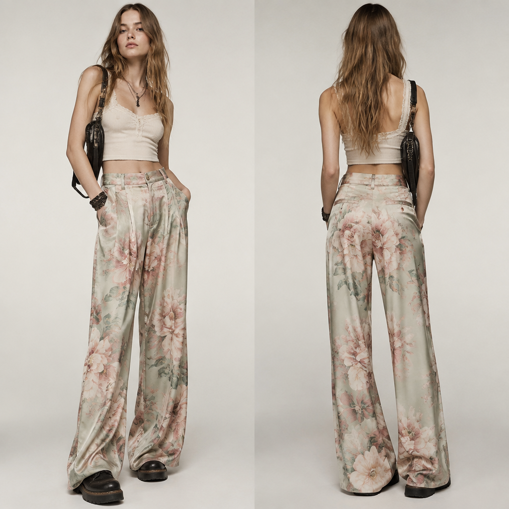 A Female Pants design, made of Silk, with a soft, cosy hand, with a Tailored silhouette, in a Pastels color palette, for Party, suitable for Summer, suited to a Temperate climate, in Streetwear + Grunge style, shown on a model with light skin and a tall figure. نقشه زهور. YE fashion aesthetics. Present it as professional fashion catalogue photography: the garment is the subject, shown full-length with editorial styling, neutral posing and tasteful, non-suggestive framing.
photorealistic fashion design, A Female Pants design, made of Silk, with a soft, cosy hand, with a Tailored silhouette, in a Pastels color palette, for Party, suitable for Summer, suited to a Temperate climate, in Streetwear + Grunge style, shown on a model with light skin and a tall figure. نقشه زهور. YE fashion aesthetics. Present it as professional fashion catalogue photography: the garment is the subject, shown full-length with editorial styling, neutral posing and tasteful, non-suggestive framing., streetwear style, just the design no text, show front and back
