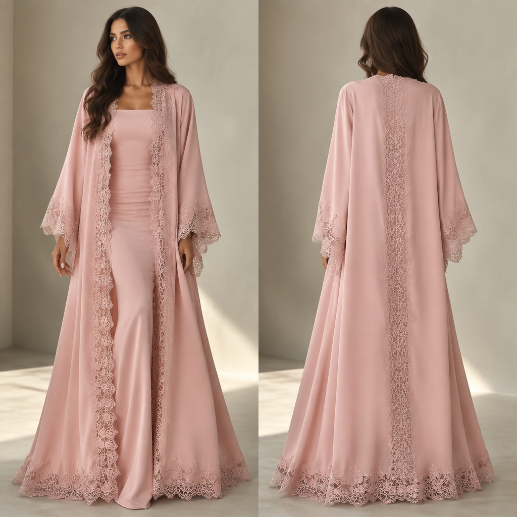 Erstelle mir eine Baby Pinke Abaya mit einer Frau die ein enges Kleid darunter hat und offenes Haar.
Die Abaya soll baby Rosa sein mit spitze an den Ärmeln und vorne und hinten an der abaya mit spitze die abaya soll Matt sein und etwas breitere Ärmel
photorealistic fashion design, Erstelle mir eine Baby Pinke Abaya mit einer Frau die ein enges Kleid darunter hat und offenes Haar.
Die Abaya soll baby Rosa sein mit spitze an den Ärmeln und vorne und hinten an der abaya mit spitze die abaya soll Matt sein und etwas breitere Ärmel , just the design no text, show front and back