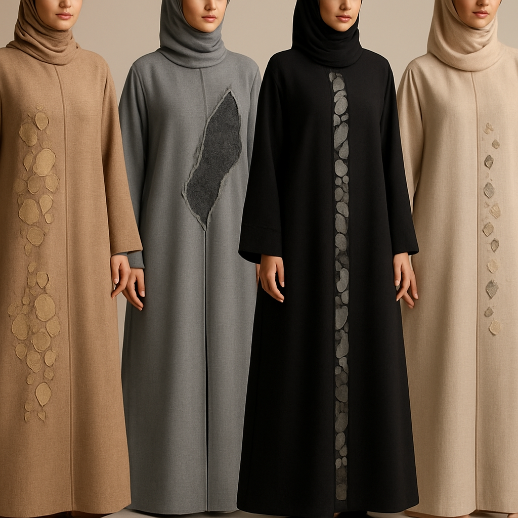 Create a modest abaya that's the first of its kind, featuring a unique stone design that exudes a classy and sophisticated vibe. I'd like four designs, each showcasing different styles and fabrics.
Incorporate high-end, unique chic stone designs to make them truly special. Add little sophisticated stone design.

Create a modest abaya that's the first of its kind, featuring a unique stone design that exudes a classy and sophisticated vibe. I'd like four designs, each showcasing different styles and fabrics.
Incorporate high-end, unique chic stone designs to make them truly special. Add little sophisticated stone design.