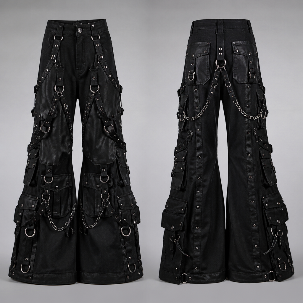 A Unisex Pants design, in Y2K style. collection showcases statement-making, industrial, and goth-inspired clothing. The designs rely heavily on dramatic silhouettes, like baggy cargo and extreme bell-bottoms, and intricate construction with multiple pockets and panels. A key feature is the extensive use of functional metal hardware, including D-rings, buckle straps, chains, grommets, studs, and locks, to achieve a rebellious and utilitarian look.
photorealistic fashion design, A Unisex Pants design, in Y2K style. collection showcases statement-making, industrial, and goth-inspired clothing. The designs rely heavily on dramatic silhouettes, like baggy cargo and extreme bell-bottoms, and intricate construction with multiple pockets and panels. A key feature is the extensive use of functional metal hardware, including D-rings, buckle straps, chains, grommets, studs, and locks, to achieve a rebellious and utilitarian look., y2k style, just the design no text