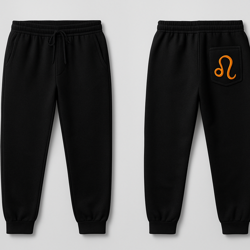 Create a unique trackpant with drawstring and a Leo sign on the back pocket

