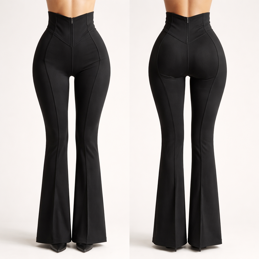 High-waisted sculpting silhouette with engineered multi-panel contour construction.
Sharp V-contour seam at natural waist (front and back).
Deep center-front V seam meeting at waist.
Vertical center seam from bust to crotch.
Curved side panel seams taper inward at natural waist and expand toward hips to enhance hourglass shape.
Deep V-shaped contour seam in back waistband.
Visible structured panel seams (tone-on-tone stitching).
Fitted through thigh with bootcut flare from knee down.
Exterior must look smooth and sculpted but with clearly defined contour panel seams at the waist.
High-waisted sculpting silhouette with engineered multi-panel contour construction.
Sharp V-contour seam at natural waist (front and back).
Deep center-front V seam meeting at waist.
Vertical center seam from bust to crotch.
Curved side panel seams taper inward at natural waist and expand toward hips to enhance hourglass shape.
Deep V-shaped contour seam in back waistband.
Visible structured panel seams (tone-on-tone stitching).
Fitted through thigh with bootcut flare from knee down.
Exterior must look smooth and sculpted but with clearly defined contour panel seams at the waist.
, show front and back