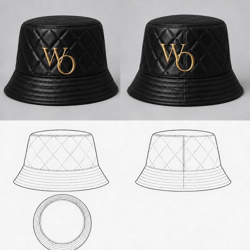 Put the WO in gold on this hat
edit the attached fashion design with these instructions: Put the WO in gold on this hat. keep it photorealistic, just the design no text