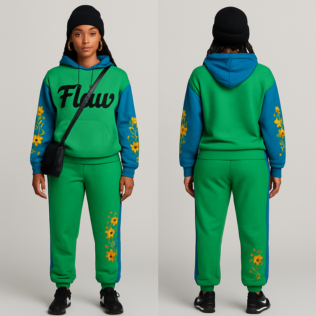 Green and blue jogging suit hoodie with bold words Flaw in abbreviation on it in Black in cursive braids gold hoop earrings and gold bracelet flowers on the sleeves and pants Black cross body purse and black nike shoes a black beanie
Green and blue jogging suit hoodie with bold words Flaw in abbreviation on it in Black in cursive braids gold hoop earrings and gold bracelet flowers on the sleeves and pants Black cross body purse and black nike shoes a black beanie , show front and back
