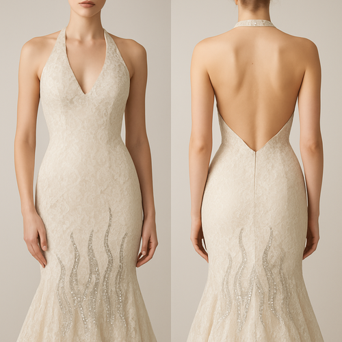 A halter top, backless and sleeveless, a mermaid , rhinestones coming up from the bottom like flames. Lace dress