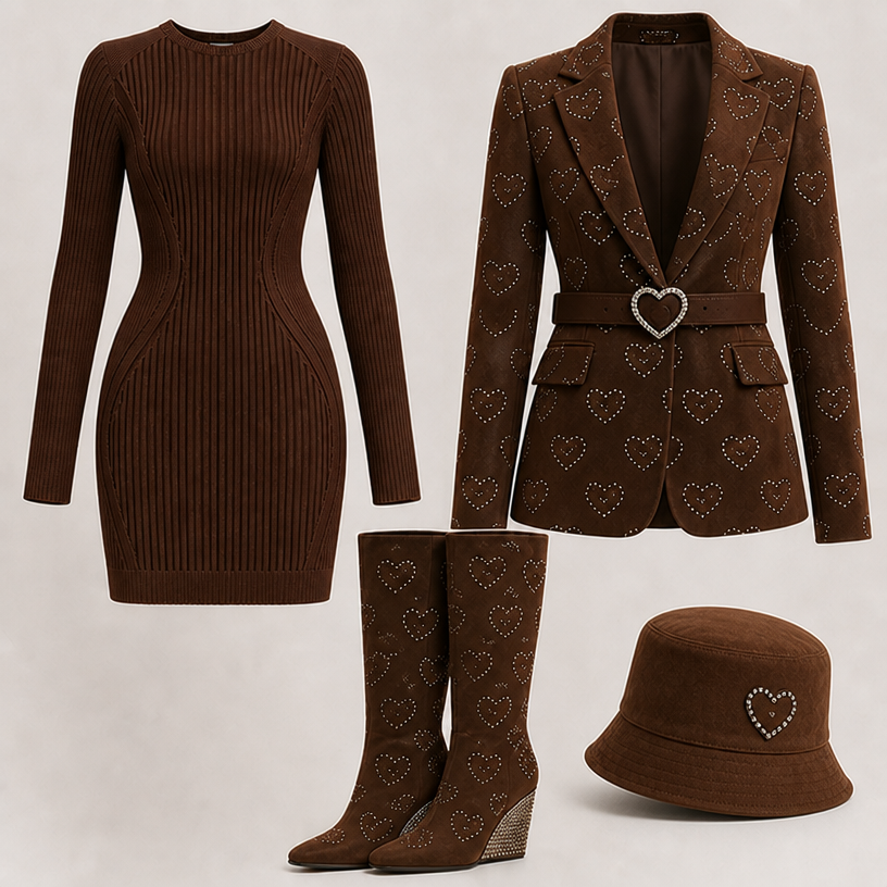 Add a suede chocolate belt with a heart shape rhinestone buckle , add a brown suede chocolate bucket hat with a heart in rhinestone on the right hand side .
edit the attached fashion design with these instructions: Add a suede chocolate belt with a heart shape rhinestone buckle , add a brown suede chocolate bucket hat with a heart in rhinestone on the right hand side .. keep it photorealistic, just the design no text