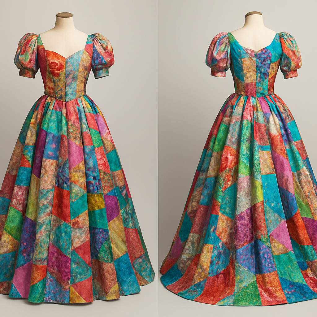 Create a colorful gown made from scrap fabric with iridescent touches
Create a colorful gown made from scrap fabric with iridescent touches, classic style, show front and back