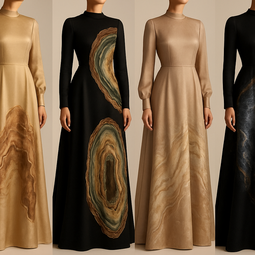 Create a modest luxury dress using silk fabric and others, the first of its kind, featuring a unique stone design that exudes a classy and sophisticated vibe. I'd like four designs, each showcasing different styles and fabrics. Incorporate high-end, unique chic stone designs to make them truly special.