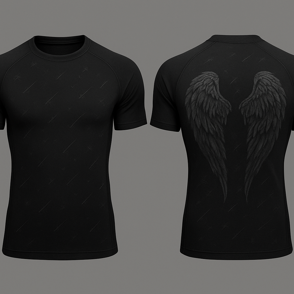 Black base short sleeve compression jujitsu rash guard shirt. 2 angle wings on the back, one white and the other dark gray. Make the wings kinda form a shape of a heart without making it too obnoxious so the wings look natural still 

Little less of a bear shape and make the wings come down almost to the bottom of the shit 

Can you make a design of what would look like shooting starts but a cross figure at the end of them. I want them embroidered all over other shirt and in a dark color that is a little lighter than the base black but I want it to be you can’t see it unless you look close 

Black base short sleeve compression jujitsu rash guard shirt. 2 angle wings on the back, one white and the other dark gray. Make the wings kinda form a shape of a heart without making it too obnoxious so the wings look natural still 

Little less of a bear shape and make the wings come down almost to the bottom of the shit 

Can you make a design of what would look like shooting starts but a cross figure at the end of them. I want them embroidered all over other shirt and in a dark color that is a little lighter than the base black but I want it to be you can’t see it unless you look close , emo style, show front and back