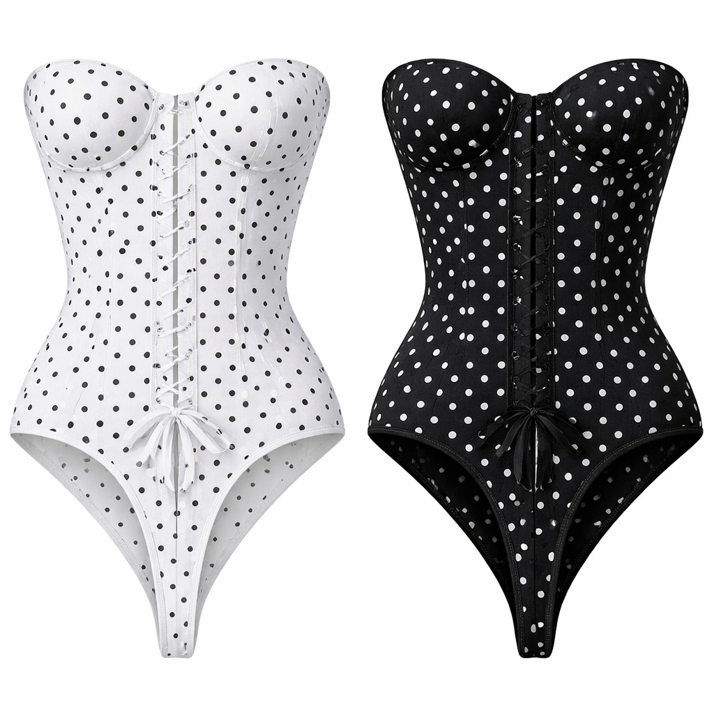 Shape wear no ai model all cotton seamless g string white and black pocker dots strapless corset no built in bra just corset in bodysuit no undies other way around black and white tie at the back pocker dots no bow
Shape wear no ai model all cotton seamless g string white and black pocker dots strapless corset no built in bra just corset in bodysuit no undies other way around black and white tie at the back pocker dots no bow, classic style, show front and back