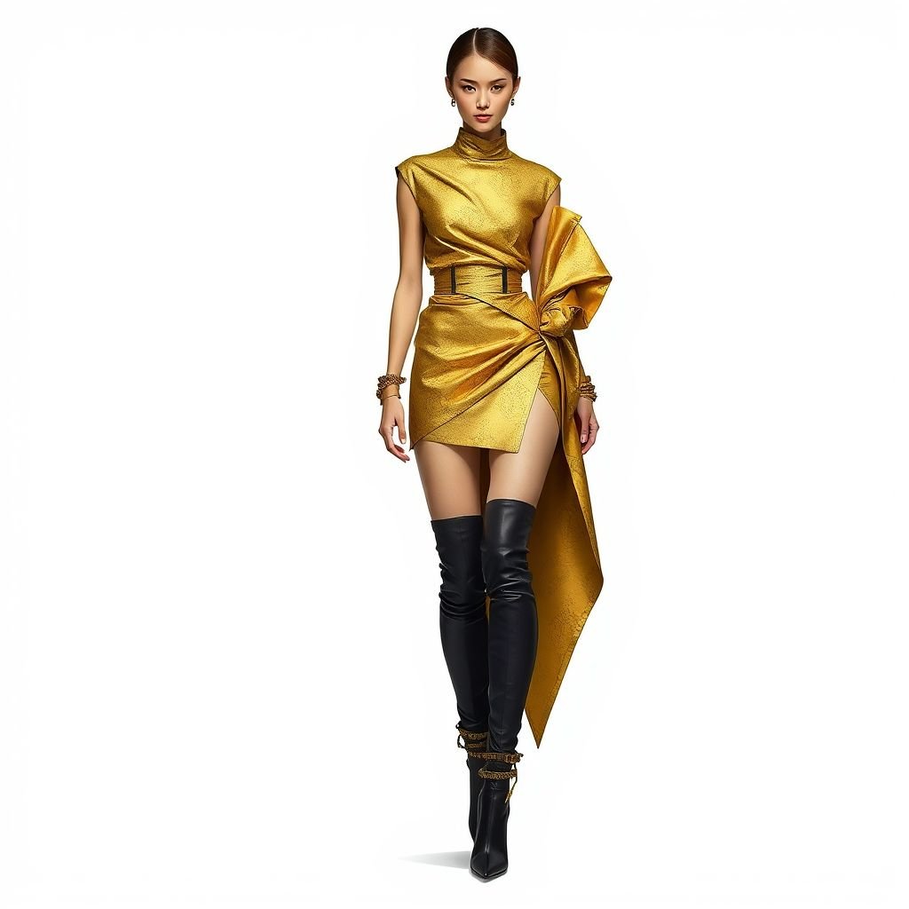 Gold Brocade with a short skirt, asymmetrical top, knee high boots and a flare
Design an avant-garde ensemble featuring a shimmering gold brocade fabric. The outfit showcases a daring asymmetrical top that drapes dramatically, paired with a sculptural short skirt that incorporates sharp angles. Accessorize with bold knee-high boots adorned with unconventional textures. A distinctive flare of the hem introduces an unexpected, dynamic movement.
