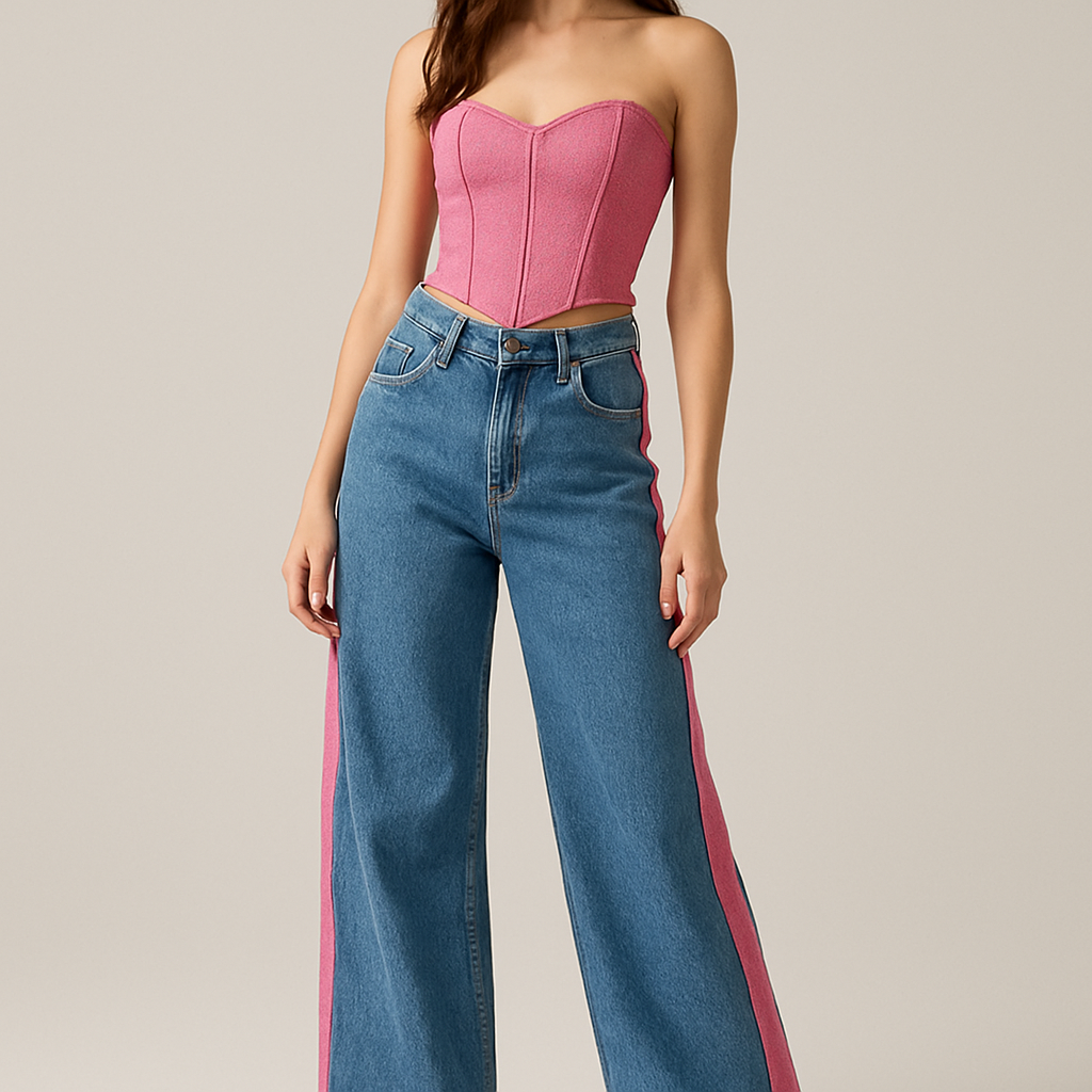 Low rise wide leg denim jeans with pink stripe down the side and matching pink corset top
Low rise wide leg denim jeans with pink stripe down the side and matching pink corset top