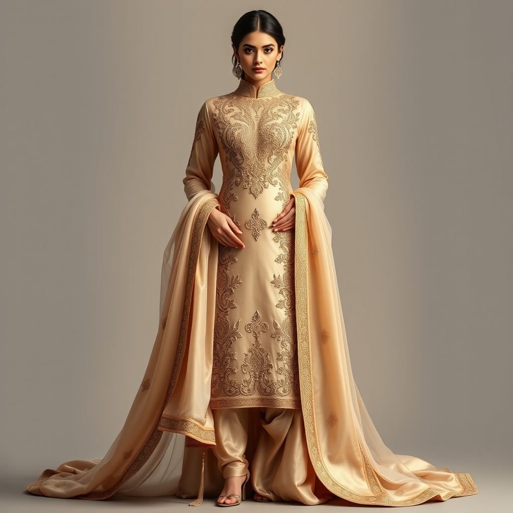 Shalwar kameez
Design an elegant shalwar kameez ensemble in rich silk, featuring intricate embroidery with gold thread for a regal touch. The kameez should have a tailored silhouette, highlighting a high collar and full-length sleeves, while the shalwar flows gracefully, accentuated by delicate draping. Complete the look with a luxurious silk dupatta.