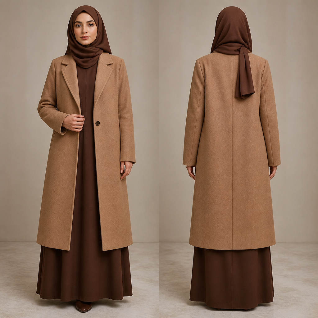 ik abaya ho brown color ma full long
Sath coat ho ghotno tak light brown ma. Design with modest coverage.
photorealistic fashion design, ik abaya ho brown color ma full long
Sath coat ho ghotno tak light brown ma. Design with modest coverage., just the design no text, show front and back