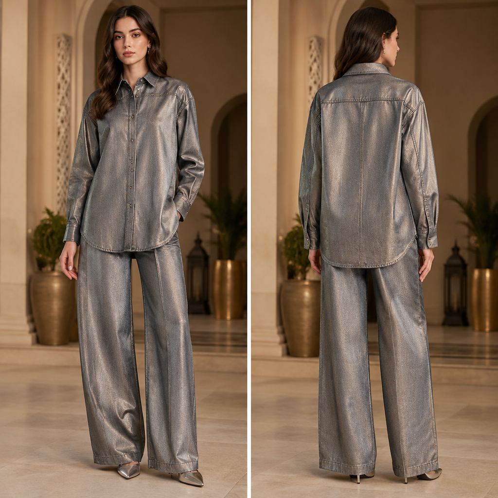 A Unisex Top design, made of Denim, with a crisp, structured drape, with a Tailored silhouette, in a Metallic color palette, for Date Night, suitable for Spring, suited to a Humid climate, in Classic + Business style, shown on a model with fair skin and a slim figure. Pakistan fashion aesthetics. Present it as professional fashion catalogue photography: the garment is the subject, shown full-length with editorial styling, neutral posing and tasteful, non-suggestive framing.
photorealistic fashion design, A Unisex Top design, made of Denim, with a crisp, structured drape, with a Tailored silhouette, in a Metallic color palette, for Date Night, suitable for Spring, suited to a Humid climate, in Classic + Business style, shown on a model with fair skin and a slim figure. Pakistan fashion aesthetics. Present it as professional fashion catalogue photography: the garment is the subject, shown full-length with editorial styling, neutral posing and tasteful, non-suggestive framing., classic style, just the design no text, show front and back