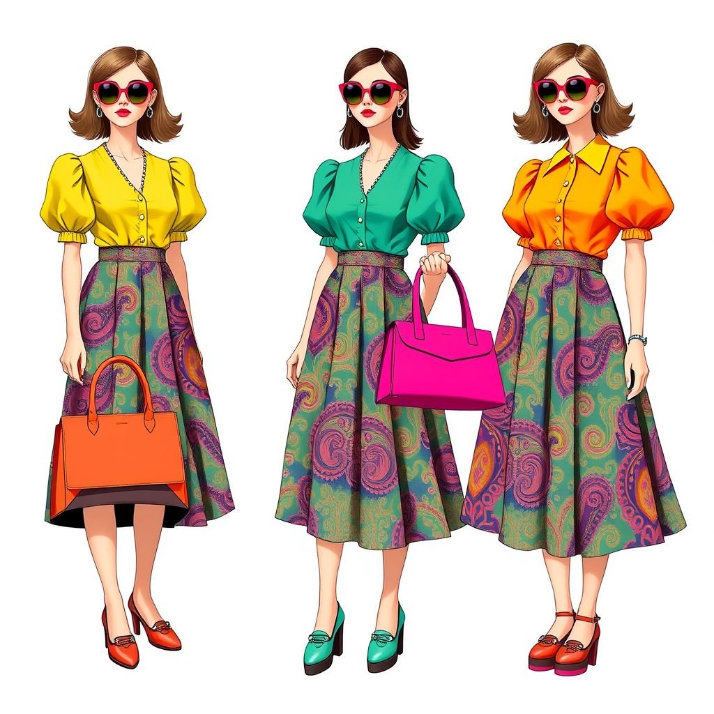 Retro
Design a vibrant retro-inspired ensemble featuring a high-waisted A-line skirt with bold paisley patterns, complemented by a puff-sleeved blouse in a bright, contrasting color. Incorporate oversized round sunglasses, platform Mary Jane shoes, and a statement vintage handbag. Channel the essence of the 70s with a playful, carefree vibe.