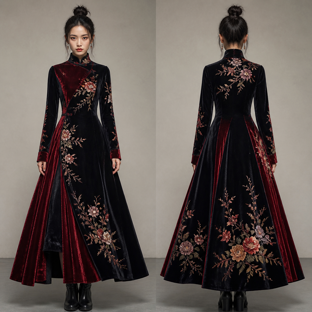 A Dress design, made of Velvet, for Festival, suitable for Winter, in Asian + Japanese Street style. United Kingdom fashion aesthetics.
photorealistic fashion design, A Dress design, made of Velvet, for Festival, suitable for Winter, in Asian + Japanese Street style. United Kingdom fashion aesthetics., asian style, just the design no text, show front and back