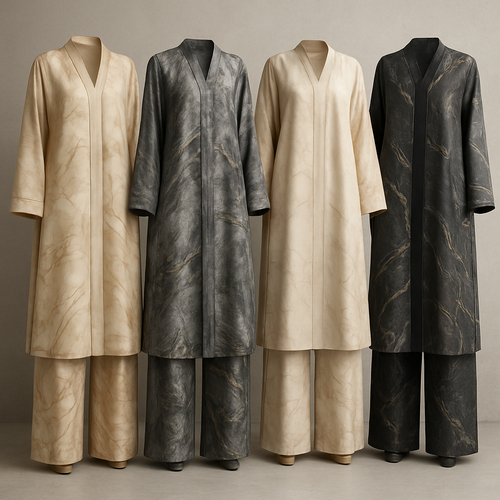 Create a modest abaya and loose pant, first of its kind, featuring a unique stone design that exudes a classy and sophisticated vibe. I'd like four designs, each showcasing different styles and fabrics. Incorporate high-end, unique chic stone designs to make them truly special. Add little sophisticated stone designs. Make it irresistible with designs that stands out.