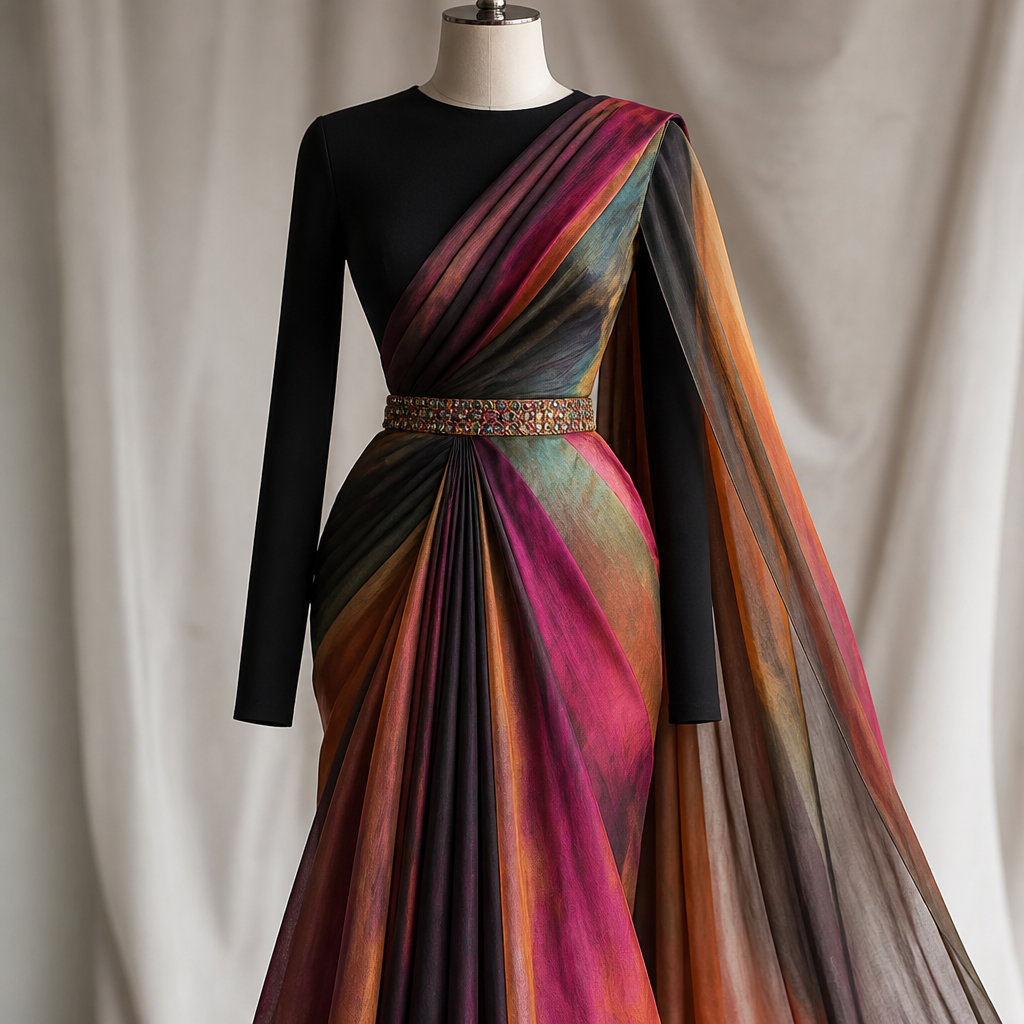 black super stylish stretchable blouse with multicolour saree pleated on the shoulder and stylishly pleated from the waist with nice flow and give saree belt in multicoloured stones. Design with modest coverage.
photorealistic fashion design, black super stylish stretchable blouse with multicolour saree pleated on the shoulder and stylishly pleated from the waist with nice flow and give saree belt in multicoloured stones. Design with modest coverage., just the design no text