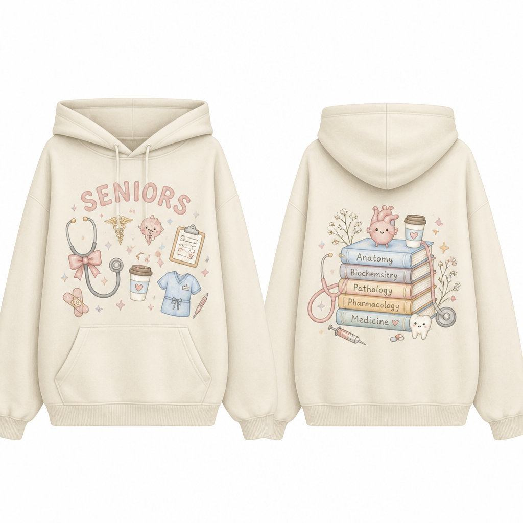 I want a medical school senior hoodie with cute aesthetic medical illustrations, such as stethoscopes and other healthcare-related drawings. I want it to include the word “SENIORS” and the person’s name.
photorealistic fashion design, I want a medical school senior hoodie with cute aesthetic medical illustrations, such as stethoscopes and other healthcare-related drawings. I want it to include the word “SENIORS” and the person’s name., kawaii style, just the design no text, show front and back