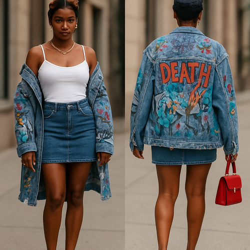 Black woman
Finger waves 
Tilted Gold crown 
spaghetti strap shirt white 
Tight blue jean skirt 
Long ripped blue jean jacket with graffiti on it white heels
Red purse 
Gold jewelry 

