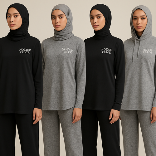 Create a revolutionary women’s modest loose gym wear brand called “Modest Fleur”. Display the brand name on the garments in a unique design on the upper right side, in small thick writing that exudes a classy and sophisticated vibe. I’d like four designs, each showcasing different styles and fabrics, with high-end, unique chic designs to make them truly special.