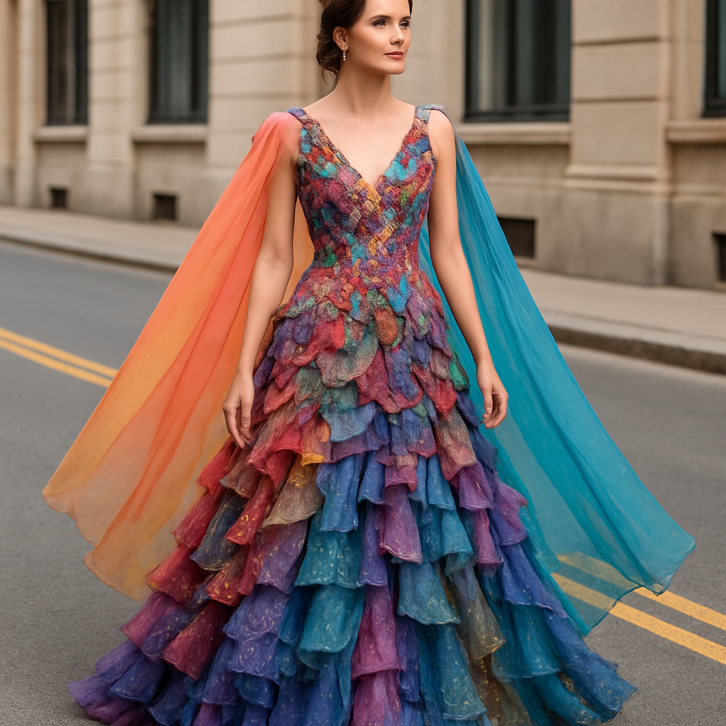 I want to Create one of kind colorful gown made from scrap fabric with iridescent touches and design with a colorful two tone chiffon for high end fashionista that will give it a sophisticated and gorgeous look on a real human modeling it on the roadside of a street
I want to Create one of kind colorful gown made from scrap fabric with iridescent touches and design with a colorful two tone chiffon for high end fashionista that will give it a sophisticated and gorgeous look on a real human modeling it on the roadside of a street, classic style
