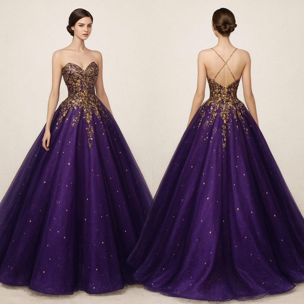 Violet ball gown shiny diamond gold
Violet ball gown shiny diamond gold , show front and back