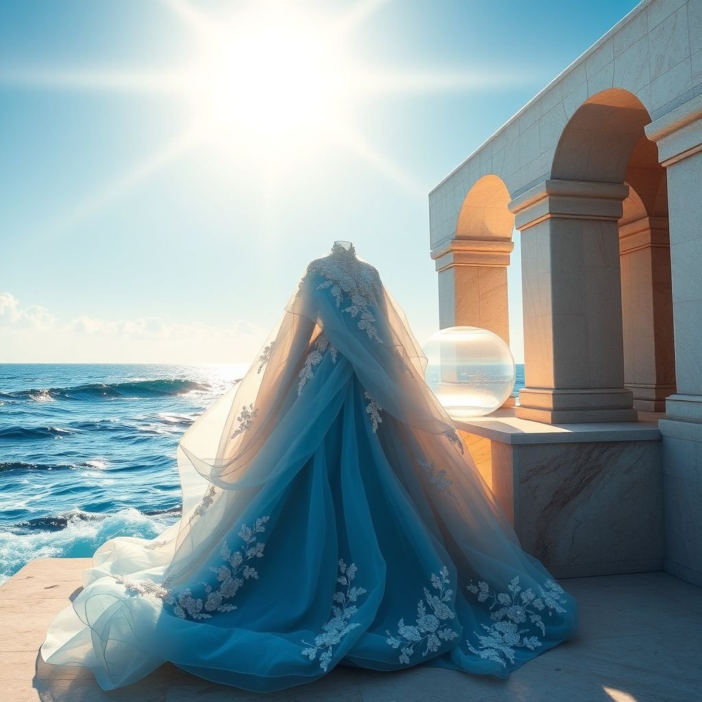 Create a gown inspired by sea waves, blue sky and sunshine. Add crystal embroidery and an ethereal look to the vision of a dress with architectural details and some structure, color should be gradients of blue and tinge of orange
Design an exquisite haute couture gown embodying the fluidity of sea waves, the radiance of a bright blue sky, and the warmth of sunshine. Incorporate luxurious crystal embroidery that captures light, with ethereal layers cascading elegantly. Architectural elements add structure, while exquisite gradients of blue and soothing hints of orange culminate in a breathtaking masterpiece.