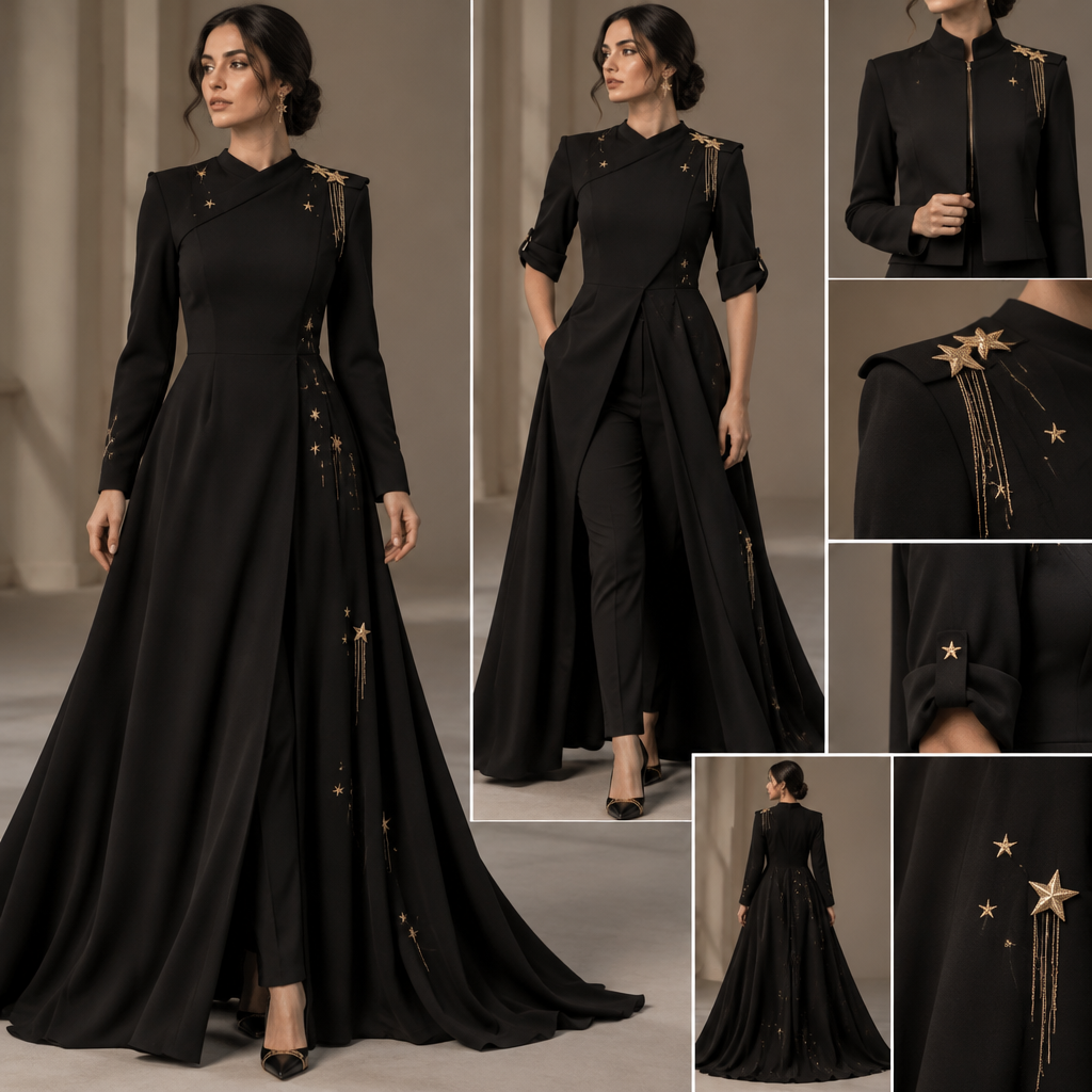 Create a high-end modest contemporary couture outfit in black and gold, designed to look elegant, sophisticated, mature, unique, and expensive without being overly dramatic or busy.
Main garment
A long, flowing black gown/outer layer with a slightly fitted upper body that is comfortable rather than tight. The skirt flows naturally to the floor with only subtle, controlled pleating.
Use a smooth, soft flowing crepe-type fabric for the main gown. The fabric should have enough weight to drape beautifully and move naturally, without looking stiff.
The neckline should be subtly asymmetrical, curving gently toward one side rather than being dramatically cut.
Convertible front
The gown is designed as a convertible overlay worn over black trousers.
The front has a concealed internal zipper beginning around the lower-abdomen area and continuing downward.
* When the zipper is completely closed, the garment looks like a complete, continuous full-length gown.
* When the zipper is opened, the front separates to reveal the trousers underneath.
* The opened front panels can be folded inward and secured discreetly inside the garment, so they do not hang loose.
* The back of the gown remains long and flowing even when the front is folded away.
* The zipper and fastening mechanism must remain invisible from the outside.
Sleeves
Long sleeves that are slightly fitted around the upper arm and gradually become more relaxed toward the wrist.
The sleeves should have a hidden internal fastening system so the lower portion can be folded and secured neatly, converting the sleeves into approximately elbow-length sleeves.
The folded sleeve should look intentionally designed, not like an ordinary rolled-up sleeve.
Gold star details
Use small, refined gold stars, with plenty of black negative space.
The stars should appear on both the front and back, but only in carefully selected areas. They must NOT cover the garment.
Some stars should be:
* permanently embroidered/stitched directly into the black fabric;
* slightly raised, separate gold fabric appliqués that can be attached and removed.
The removable raised stars should create a second, more minimalist version of the outfit when removed, leaving the permanent embroidered stars behind.
Use delicate metallic gold thread strands as subtle dangling shimmer from only a few selected stars. Mix individual fine strands with tiny grouped clusters.
Do not give every star dangling strands.
The gold should look refined and softly metallic, not glittery, childish, or costume-like.
Shoulder detail
Add a very subtle structured fabric accent at the shoulder, inspired by the shape of a tailored shoulder tab/epaulette but not military-looking.
Keep it elegant and minimal, with a small amount of gold detailing and perhaps a few delicate gold strands.
Trousers
Simple black tailored trousers underneath the gown.
They should be fitted but not skin-tight, and not wide-leg. Aim for a clean, slim-to-straight tailored silhouette so the trousers are visible when the gown is converted without competing with the gown.
Keep the trousers mostly plain black, with no heavy star decoration.
Jacket
Include a separate waist-length black jacket that can be worn independently with the trousers and other outfits.
The jacket should be slightly structured but still elegant and comfortable.
Use a concealed front zipper so the outside remains clean and minimal.
Add only a very small amount of matching gold detail, perhaps one or two subtle stars or a restrained gold accent near the shoulder/edge.
The jacket should coordinate with the gown without competing with it.
Overall aesthetic
The final outfit should feel:
Elegant • sophisticated • modest • mature • feminine • mysterious • minimalist luxury • versatile • expensive-looking
The design should be eye-catching because of its silhouette and clever convertible construction, not because it is covered in decoration.
Keep the stars sparse and intentional. Preserve plenty of black space.
Absolutely no lace anywhere. No sequins covering the garment. No glitter overload. No childish/cute costume appearance. No pumpkin/Halloween aesthetic. No military styling.
photorealistic fashion design, Create a high-end modest contemporary couture outfit in black and gold, designed to look elegant, sophisticated, mature, unique, and expensive without being overly dramatic or busy.
Main garment
A long, flowing black gown/outer layer with a slightly fitted upper body that is comfortable rather than tight. The skirt flows naturally to the floor with only subtle, controlled pleating.
Use a smooth, soft flowing crepe-type fabric for the main gown. The fabric should have enough weight to drape beautifully and move naturally, without looking stiff.
The neckline should be subtly asymmetrical, curving gently toward one side rather than being dramatically cut.
Convertible front
The gown is designed as a convertible overlay worn over black trousers.
The front has a concealed internal zipper beginning around the lower-abdomen area and continuing downward.
* When the zipper is completely closed, the garment looks like a complete, continuous full-length gown.
* When the zipper is opened, the front separates to reveal the trousers underneath.
* The opened front panels can be folded inward and secured discreetly inside the garment, so they do not hang loose.
* The back of the gown remains long and flowing even when the front is folded away.
* The zipper and fastening mechanism must remain invisible from the outside.
Sleeves
Long sleeves that are slightly fitted around the upper arm and gradually become more relaxed toward the wrist.
The sleeves should have a hidden internal fastening system so the lower portion can be folded and secured neatly, converting the sleeves into approximately elbow-length sleeves.
The folded sleeve should look intentionally designed, not like an ordinary rolled-up sleeve.
Gold star details
Use small, refined gold stars, with plenty of black negative space.
The stars should appear on both the front and back, but only in carefully selected areas. They must NOT cover the garment.
Some stars should be:
* permanently embroidered/stitched directly into the black fabric;
* slightly raised, separate gold fabric appliqués that can be attached and removed.
The removable raised stars should create a second, more minimalist version of the outfit when removed, leaving the permanent embroidered stars behind.
Use delicate metallic gold thread strands as subtle dangling shimmer from only a few selected stars. Mix individual fine strands with tiny grouped clusters.
Do not give every star dangling strands.
The gold should look refined and softly metallic, not glittery, childish, or costume-like.
Shoulder detail
Add a very subtle structured fabric accent at the shoulder, inspired by the shape of a tailored shoulder tab/epaulette but not military-looking.
Keep it elegant and minimal, with a small amount of gold detailing and perhaps a few delicate gold strands.
Trousers
Simple black tailored trousers underneath the gown.
They should be fitted but not skin-tight, and not wide-leg. Aim for a clean, slim-to-straight tailored silhouette so the trousers are visible when the gown is converted without competing with the gown.
Keep the trousers mostly plain black, with no heavy star decoration.
Jacket
Include a separate waist-length black jacket that can be worn independently with the trousers and other outfits.
The jacket should be slightly structured but still elegant and comfortable.
Use a concealed front zipper so the outside remains clean and minimal.
Add only a very small amount of matching gold detail, perhaps one or two subtle stars or a restrained gold accent near the shoulder/edge.
The jacket should coordinate with the gown without competing with it.
Overall aesthetic
The final outfit should feel:
Elegant • sophisticated • modest • mature • feminine • mysterious • minimalist luxury • versatile • expensive-looking
The design should be eye-catching because of its silhouette and clever convertible construction, not because it is covered in decoration.
Keep the stars sparse and intentional. Preserve plenty of black space.
Absolutely no lace anywhere. No sequins covering the garment. No glitter overload. No childish/cute costume appearance. No pumpkin/Halloween aesthetic. No military styling., haute_couture style, just the design no text
