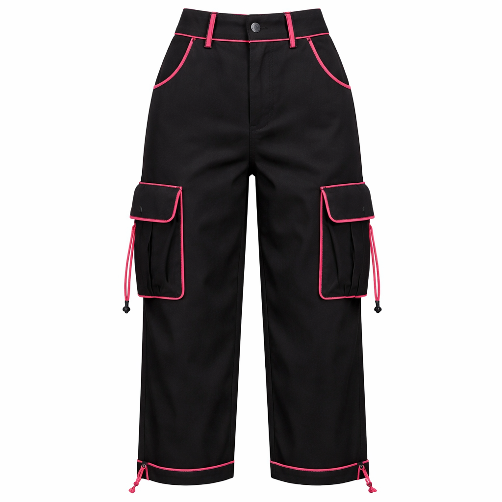 black lightweight feminine capri cargo pants with hot pink trim
Korean Fashion fashion design: Black, high-waisted cotton capri cargo pants with a relaxed, straight fit, featuring hot pink trim and a clean, minimalist design for a modern Korean aesthetic.
