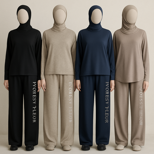 Create a revolutionary women’s modest loose gym wear brand called “Modest Fleur”. Display the brand name on the garments in a unique stone design on the side, exuding a classy and sophisticated vibe. I’d like four designs, each showcasing different styles and fabrics, with high-end, unique chic designs to make them truly special.