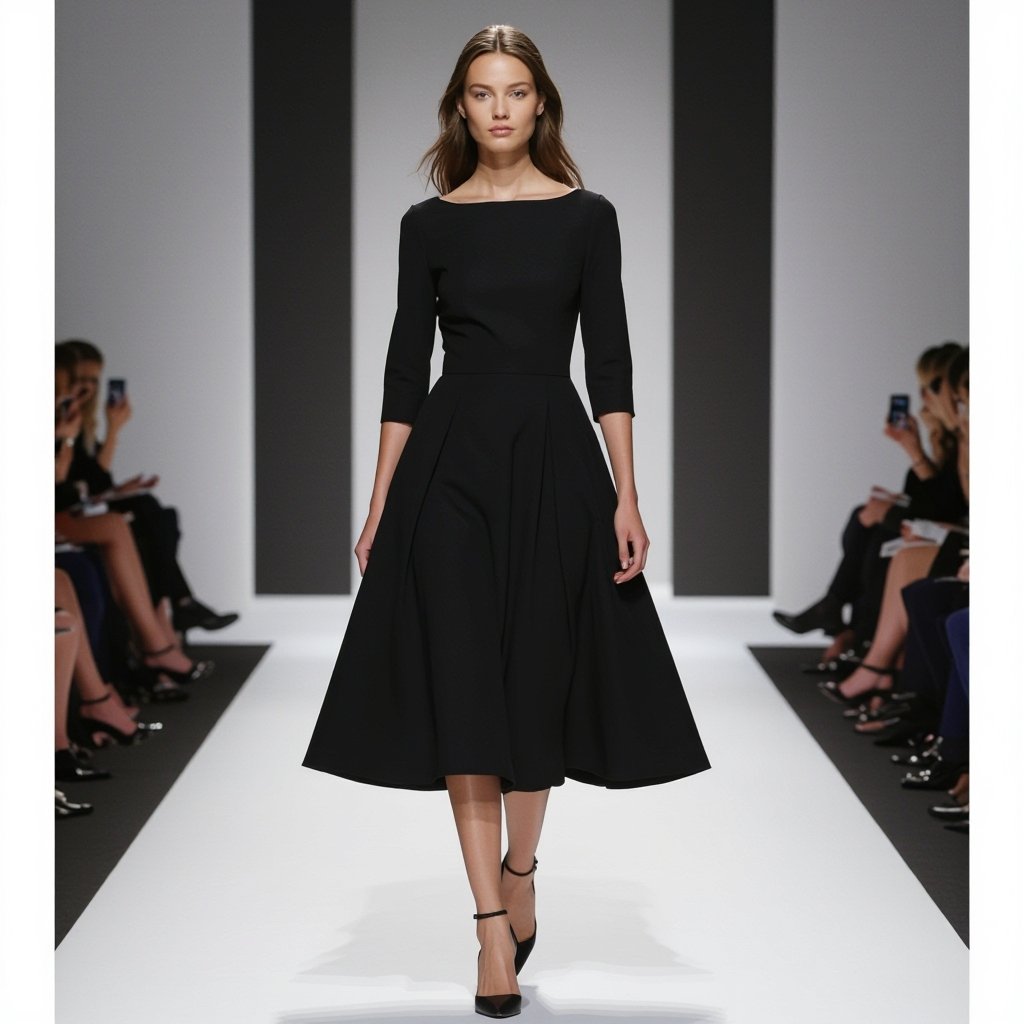 vogue elegant fashion: chic cotton dress,structured silhouette,in classic black
Vogue elegant fashion: chic black cotton midi-dress, structured A-line silhouette, with a boat neckline and three-quarter sleeves.