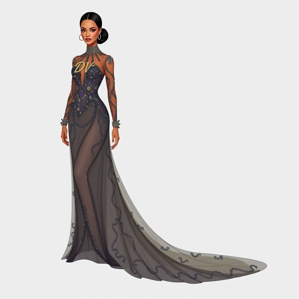 Create me a unique met gala dress that resembles something rhianna would wear, but I want it to be modest and empowers a Met Gala look. Put “DV” on it somewhere
Design a show-stopping Met Gala gown that radiates Rihanna's iconic glamour while embracing modesty. Imagine a flowing silhouette adorned with intricate beadwork and cascading sequins, complemented by a dramatic train. Incorporate rich jewel tones and sheer overlays. Boldly display “DV” in a stunning, gold script on the bodice, exuding empowerment and elegance.