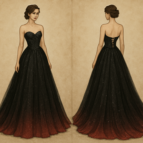 Black glittery wedding dress with long train. Made from chiffon, with corset top and back, with bottom fading into red.